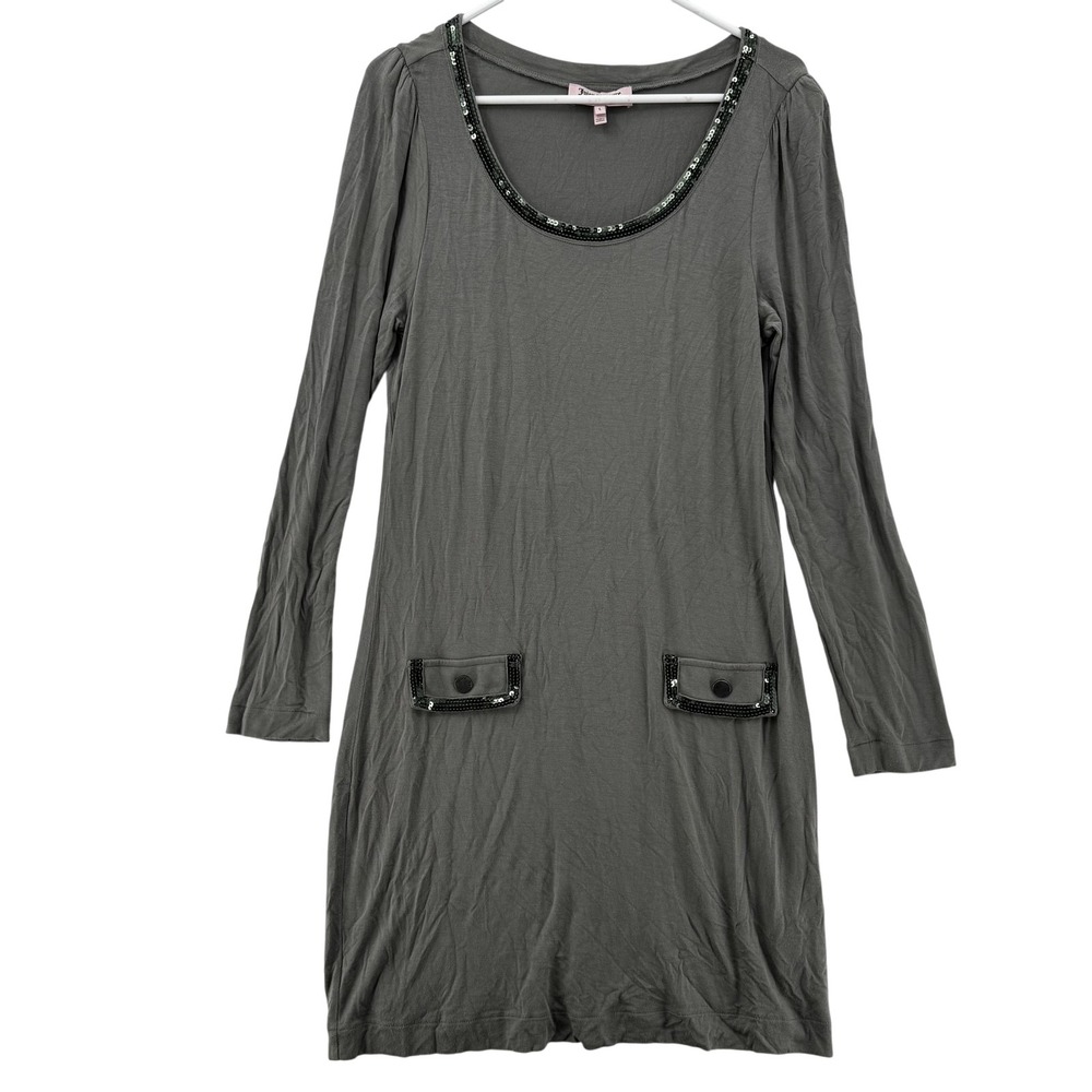 Juicy Couture Dress Womens Large Gray Long Sleeve Sequin Trim Pockets Stretchy‎